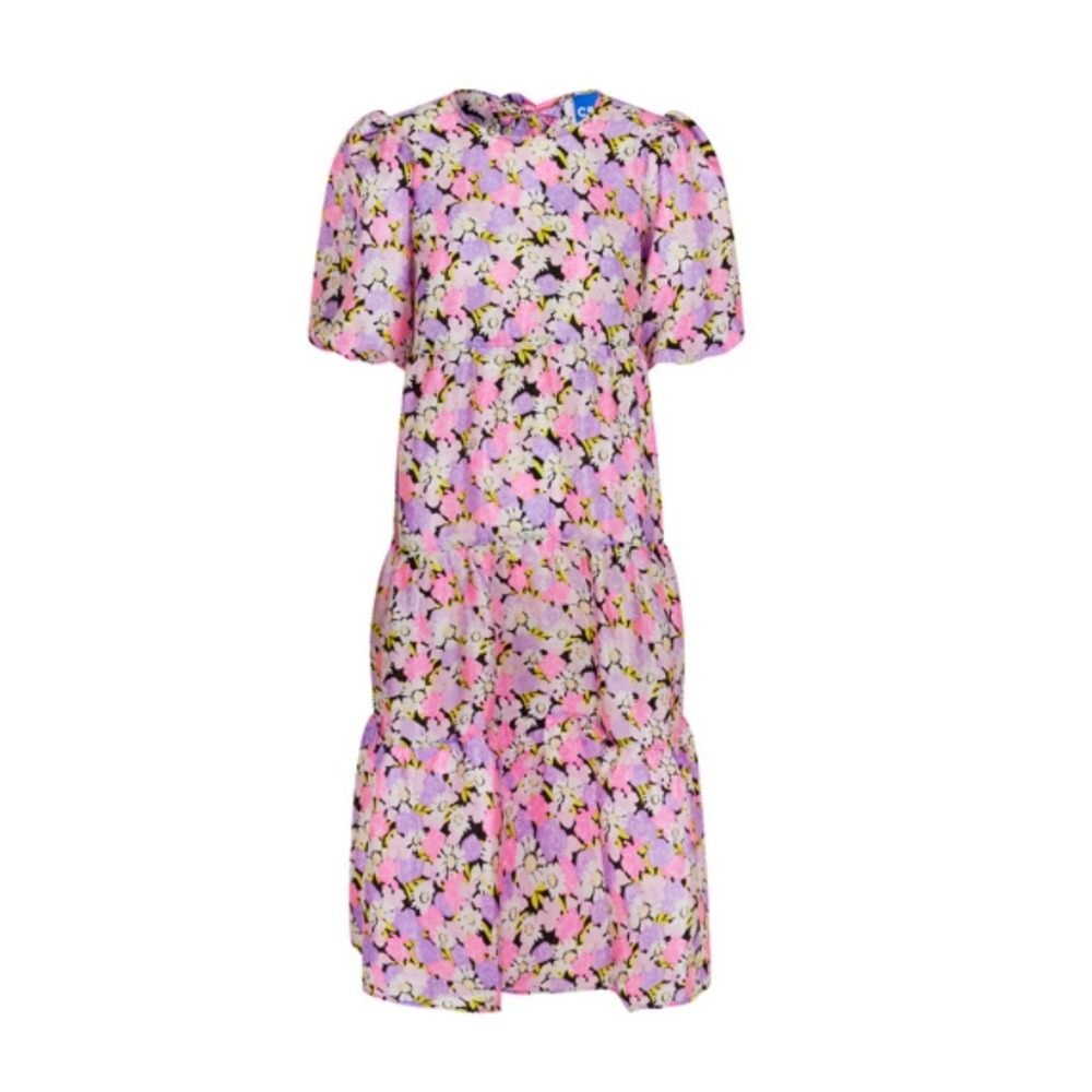 Pink Floral Tiered Midi Dress with Puff Sleeves